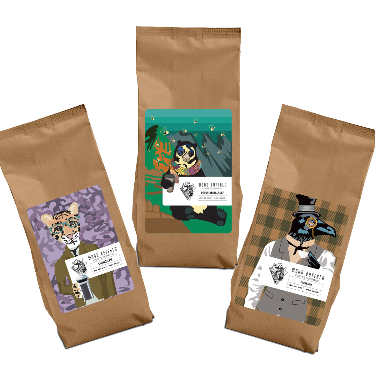 3-pack sampler sumatra, peruvian decaf, espresso coffee bags