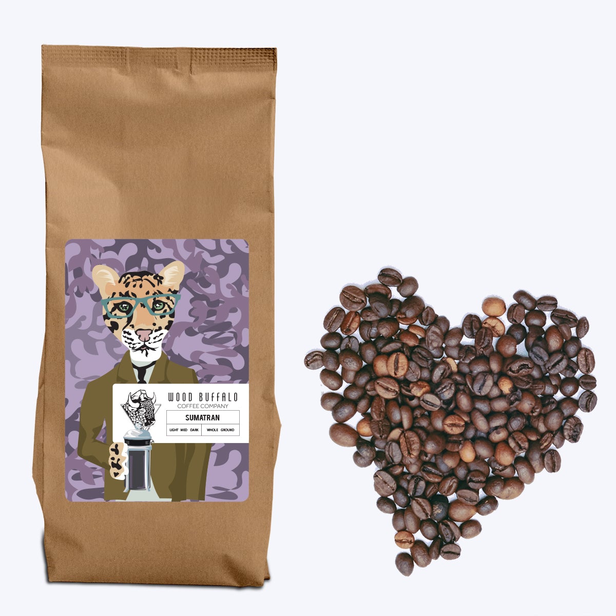 natty snow leopard with french press label on coffee bag